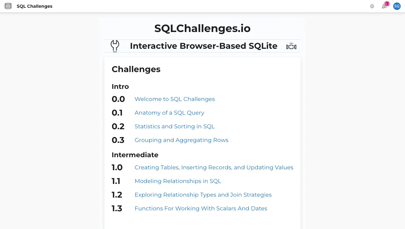 SQLChallenges.io learning platform